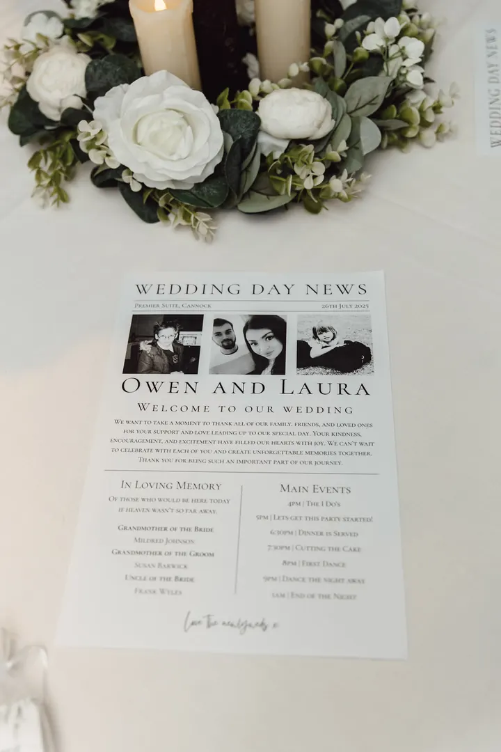 A wedding day newspaper on the tables