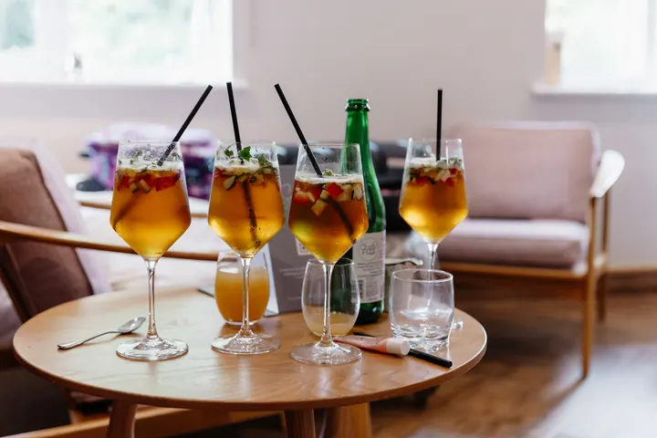 Cocktails on a round table in the bridal suite