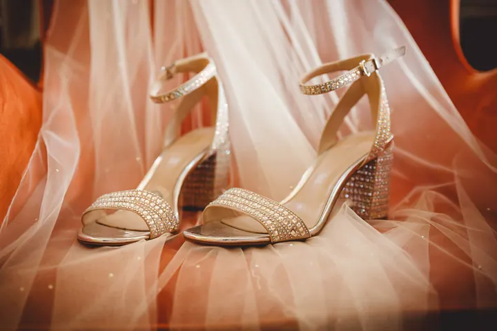Sparkly bridal sandals on soft tulle